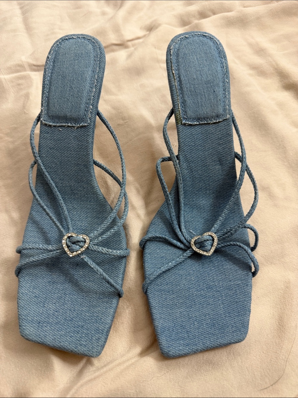 Denim Blue Strappy Heart-Accent Sandals